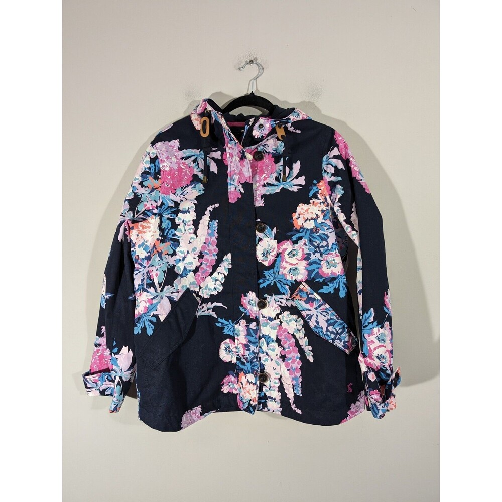 Joules Jacket Women Size 10 Floral The Coast Raincoat Navy Hooded‎ Full Zip